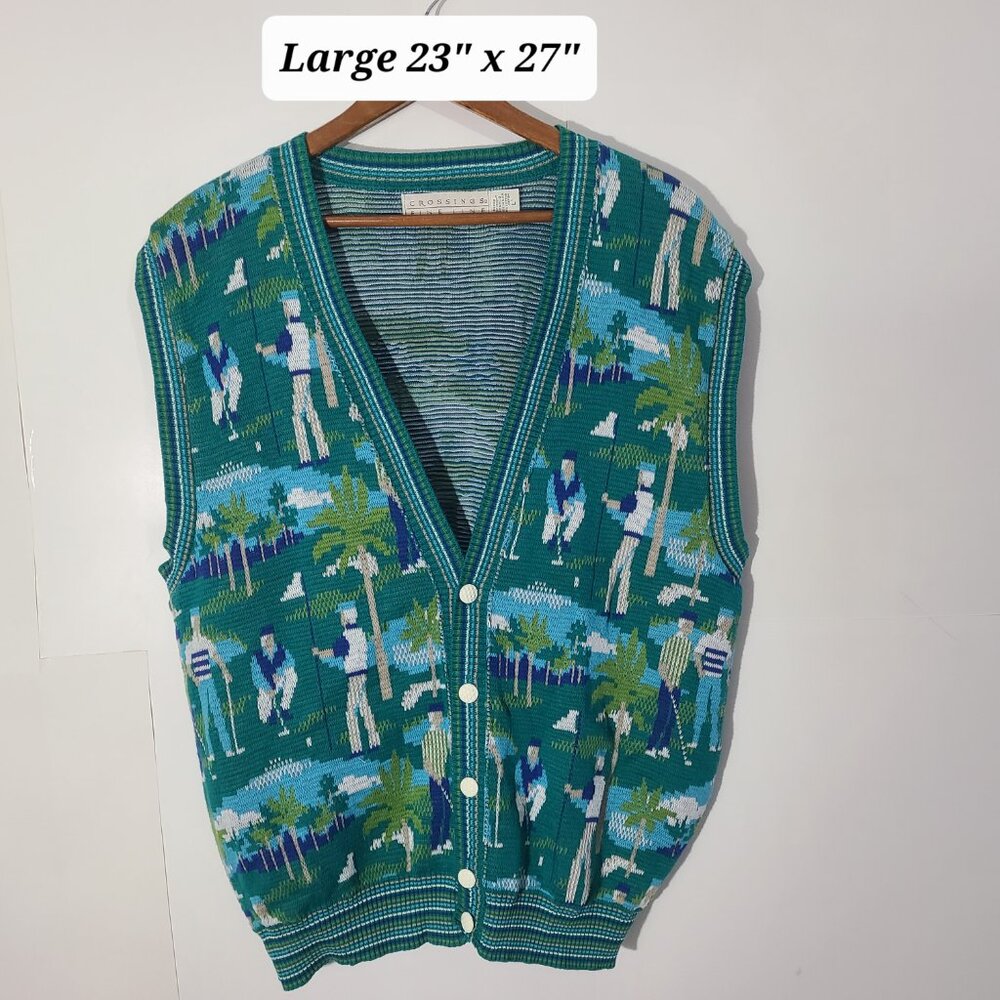Vtg Crossings Fine Line Green Golf Buttons Cardigan/Sweater Men's Large Made/USA